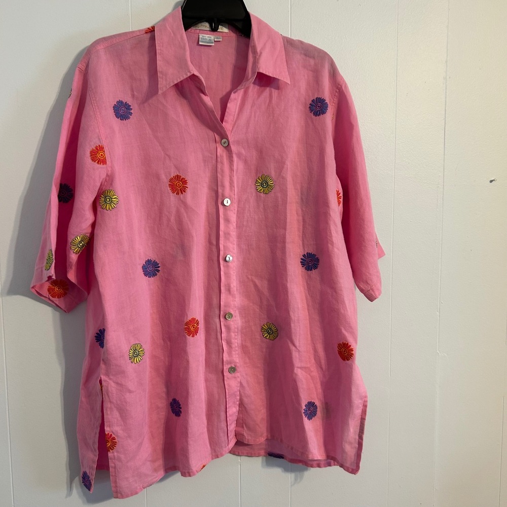 Casey Coleman Pink 100% Linen Embroidered Daisy Button Up Shirt Womens Large - Picture 2 of 11